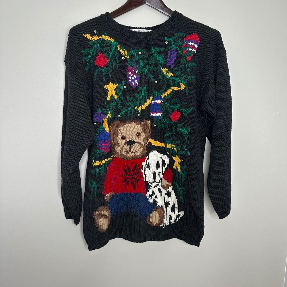 Karen Scott Petites Women's Black‎ Christmas Sweater Teddy Bear Dog Knit PM